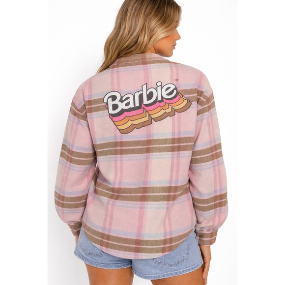 Barbie Jackets & Blazers - Barbie Mattel Womens XL Pink Plaid Shacket Flannel Shirt Jacket Back Graphic